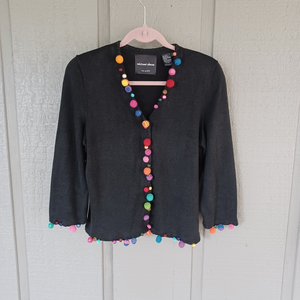 Michael Simon Vintage Cardigan Sweater Size M Women Boho Ramie Cotton Black